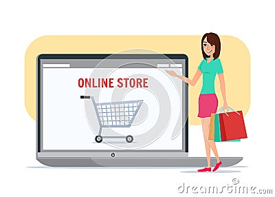 Online shopping girl. Business cartoon concept Vector Vector Illustration