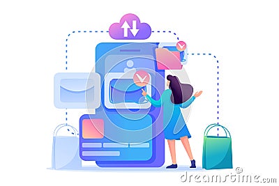 Online shopping, the girl chooses clothes in the network. Flat 2D character. Concept for web Stock Photo