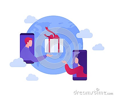 Online shopping and global delivery service concept. Vector flat people illustration. Man from smartphone give gift box to woman. Cartoon Illustration