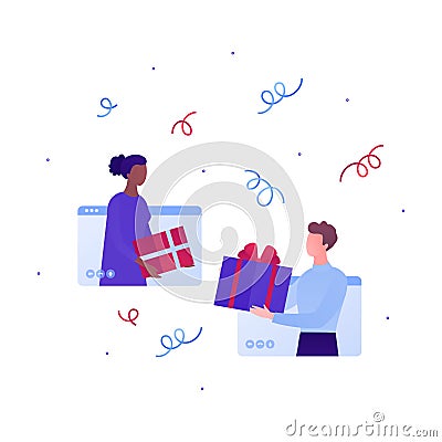 Online shopping and global gift delivery service concept. Vector flat people illustration. Man and woman app screen hold giftbox. Cartoon Illustration