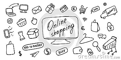 Online shopping icon set. E-commerce doodle signs. Vector illustration Vector Illustration