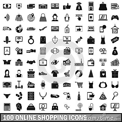 100 online shopping icons set, simple style Vector Illustration