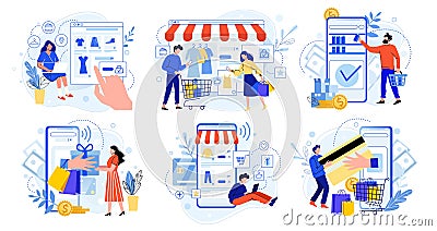 Online shopping. Internet market, mobile app shopping and people buy gifts. Smartphone payment and outfit sale flat Vector Illustration