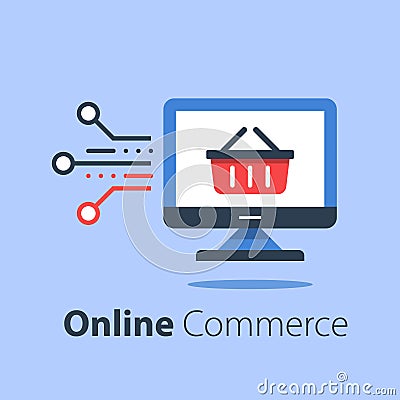 Online shopping, internet purchase, grocery basket and computer monitor Vector Illustration