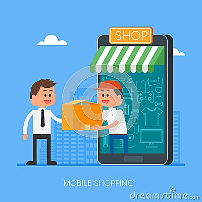 Online shopping on internet using mobile smartphone. Fast delivery concept vector illustration in flat style design Vector Illustration