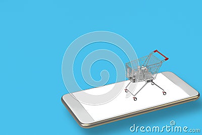 Shopping cart with bags standing upon mobile phone Cartoon Illustration