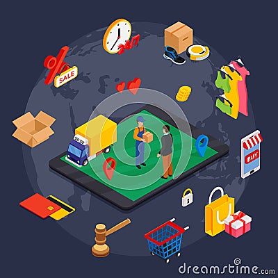 Online shopping isometric concept with related elements Vector Illustration