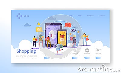 Online Shopping Landing Page. Flat People Characters with Shopping Bags Website Template. Easy to edit and customize Vector Illustration