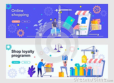 Online shopping landing page with people Vector Illustration
