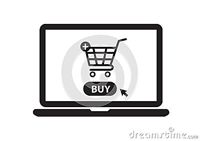 Online shopping with laptop. Shopping cart on display. Buy button. vector illustration Vector Illustration