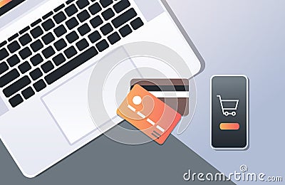 Online shopping mobile application internet payment concept top angle view desktop smartphone laptop screen credit card Vector Illustration