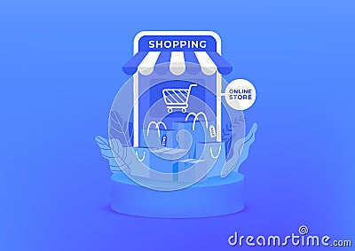 Online shopping on mobile. Shopping bag and boxes on blue background. Online shop on mobile application. Vector Illustration