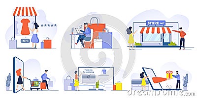 Online shopping, Mobile shopping, internet store and shop website on smartphone vector illustrations set. Customers Vector Illustration