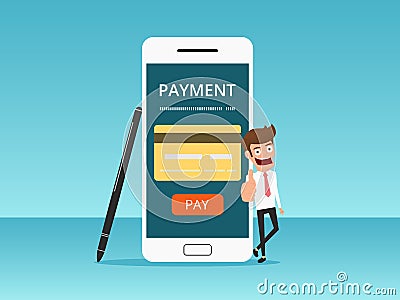 Online shopping and mobile payments concept. Businessman showing thumb up. Vector Illustration