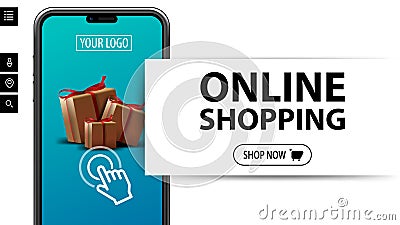 Online shopping, modern white minimalistic banner for website with large title, button and large volume smartphone with presents Vector Illustration