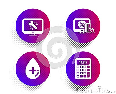 Online shopping, Oil serum and Monitor repair icons set. Calculator sign. Vector Vector Illustration