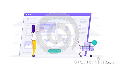 Online shopping and payment method via website. Woman choose payment method credit card. Flat Illustration suitable for user Vector Illustration