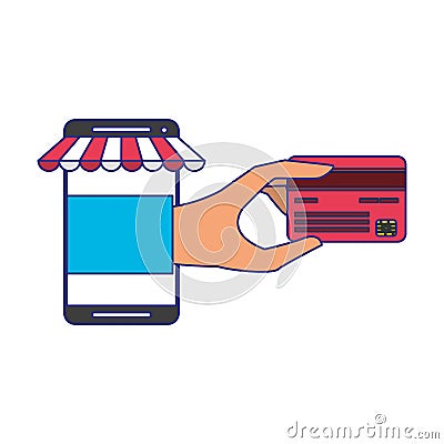 Online shopping and payment technology symbols blue lines Vector Illustration