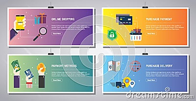 Online shopping, purchase payment, payment methods and purchase delivery Vector Illustration