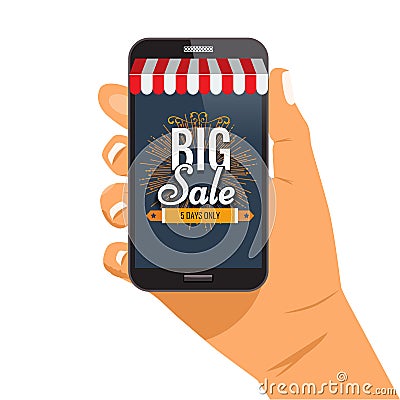 Online shopping sale concept hand holding smartphone vector illustration Vector Illustration