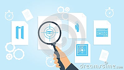 Online shopping, security file, document research vector illustration. Document with search icons. File and magnifying Vector Illustration