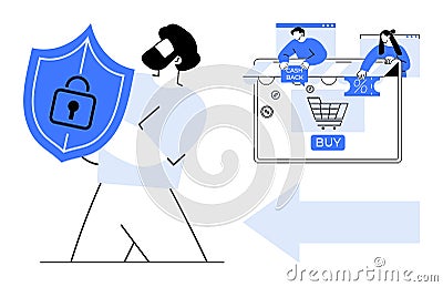 Online Shopping Security Shielded User Protecting Data and Transactions on E-commerce Website Vector Illustration