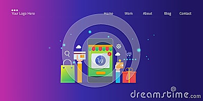 Online shopping with a smartphone, mobile shopping app, ecommerce website, online payment, customer buying experience, web banner. Vector Illustration