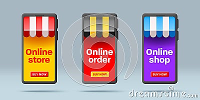 Online shopping with a smartphone, set of 3d illustrations of a screen with striped visor in different colors Vector Illustration