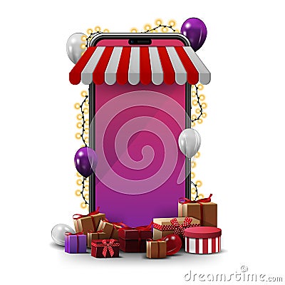 Online shopping with smartphone. Volumetric smartphone wrapped with garland and presents around isolated on white background Vector Illustration