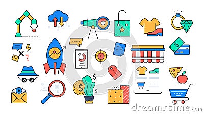 Online shopping and startup projects - colorful line design style icons Vector Illustration