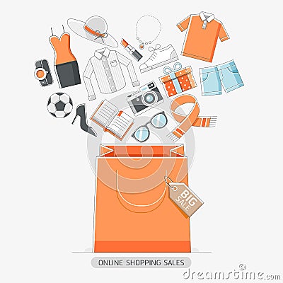 Online shopping stores conceptual line icons style. Vector Illustration