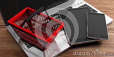 Mobile phone, computer laptop, tablet and a red shopping basket on wooden background. 3d illustration Cartoon Illustration