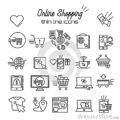 Online shopping Vector Line Icons. E-commerce pictogram symbol outline thin icon Discount, shopping cart, shop, sale Vector Illustration
