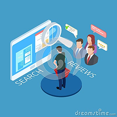 Online shopping vector. Search and selection of goods, research reviews isometric concept Vector Illustration