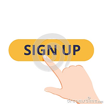 Online sign up, click on the registration button and lead conversion process. Hand pushing the CTA button, enrolling. Vector Illustration