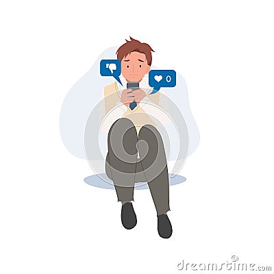 online social addict concept. Asian high school man holding smartphone and getting sad due to no one give like to his picture. Vector Illustration