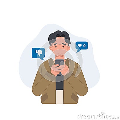 online social addict concept. man holding smartphone and getting sad due to no one give like to his picture. Flat vector cartoon Vector Illustration