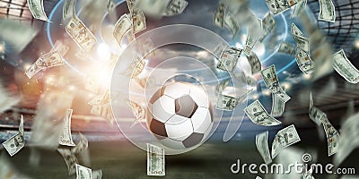 Online sports betting. Soccer ball with falling dollars on the background of the stadium. Creative background, gambling Stock Photo