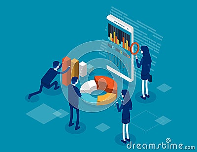 Online statistics and data analytics. Isometric application of smartphone with business graph and analytics data Vector Illustration