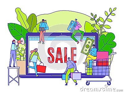 Online store with big sale on product, vector illustration. Large laptop screen with advertising about discount at Vector Illustration