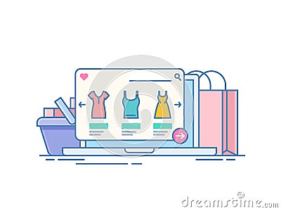 Online store. Concept of purchase on the Internet through the application on the laptop. Computer on the background of Vector Illustration