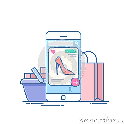 Online store. Concept of purchase on the Internet through the application on the phone. Mobile device on the background Vector Illustration