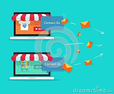 Online store and customer communication, internet shops on laptop computer, email messages, support help desk process Vector Illustration