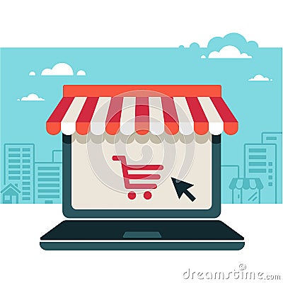 Online store. Laptop with awning Vector Illustration