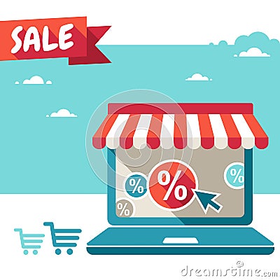 Online store. Laptop with awning Vector Illustration