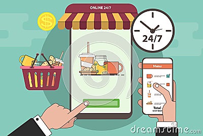 Online store, sale via the Internet, ordering products from a mobile phone, tablet, soda, cookie, cup of tea, lemonade, hand point Vector Illustration