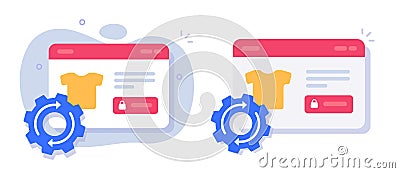 Online store shop development setting up icon vector graphic set, internet ecommerce web site software optimizing, integration Vector Illustration