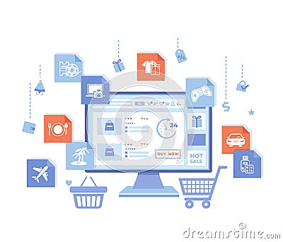 Online Store Shop. Internet virtual shopping, e-commerce, digital marketing. Monitor with webstore on the screen, cart, basket Vector Illustration