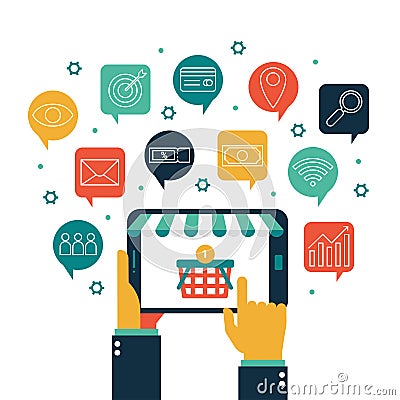 Online store shopping connect, business internet commercial, purchase payment with tablet Vector Illustration