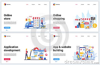 Online store, shopping technology vector illustrations, creative banners with flat cartoon mobile shop app template Vector Illustration